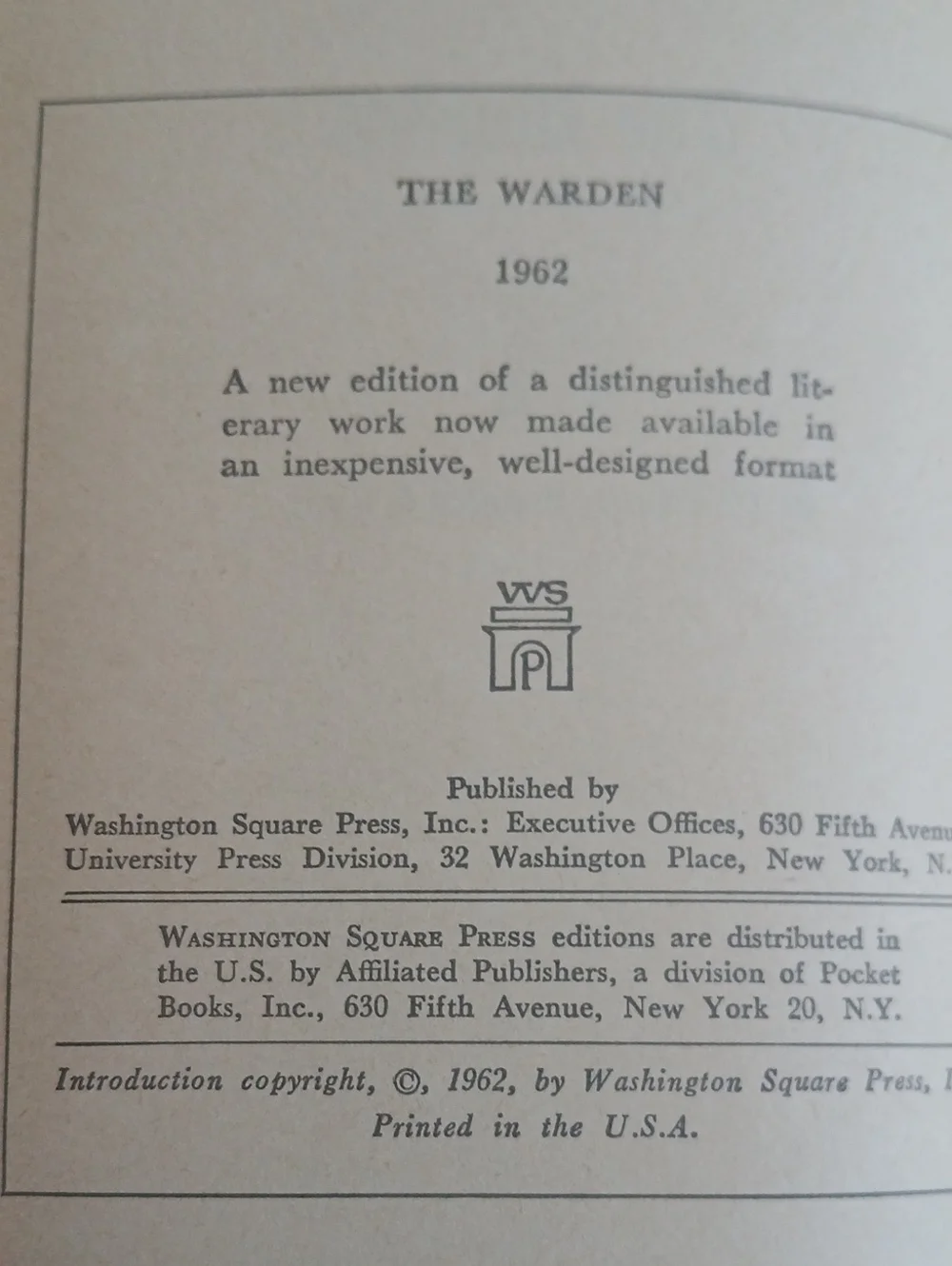 The Warden by Anthony Trollope - Vintage Paperback 1962 WA Square Press